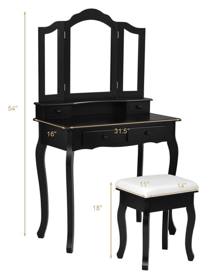 Vanity Table Set with Tri-Folding Mirror and 4 Drawers - Giantexus