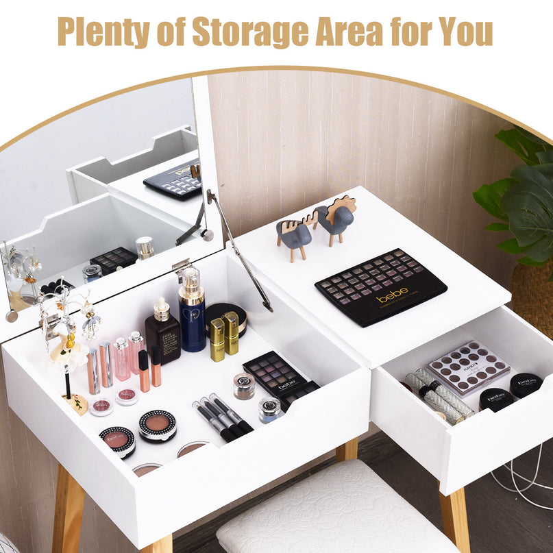 CHARMAID Vanity Table with Flip Top Mirror and Cushioned Stool, White - Giantexus