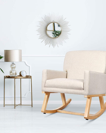 Giantex Upholstered Rocking Chair with Fabric Padded Seat and Solid Wood Base