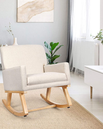 Giantex Upholstered Rocking Chair with Fabric Padded Seat and Solid Wood Base