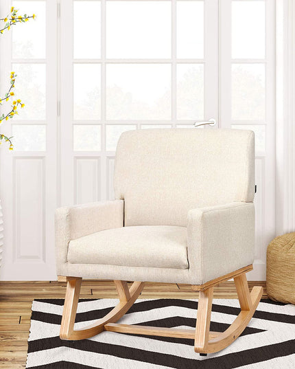 Giantex Upholstered Rocking Chair with Fabric Padded Seat and Solid Wood Base