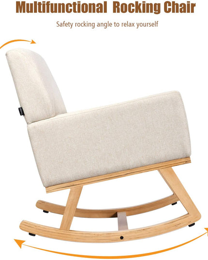 Giantex Upholstered Rocking Chair with Fabric Padded Seat and Solid Wood Base