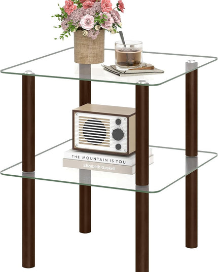 Giantex Square End Table, 2-Tier Sofa Side Table with Clear Tempered Glass Top & Shelf