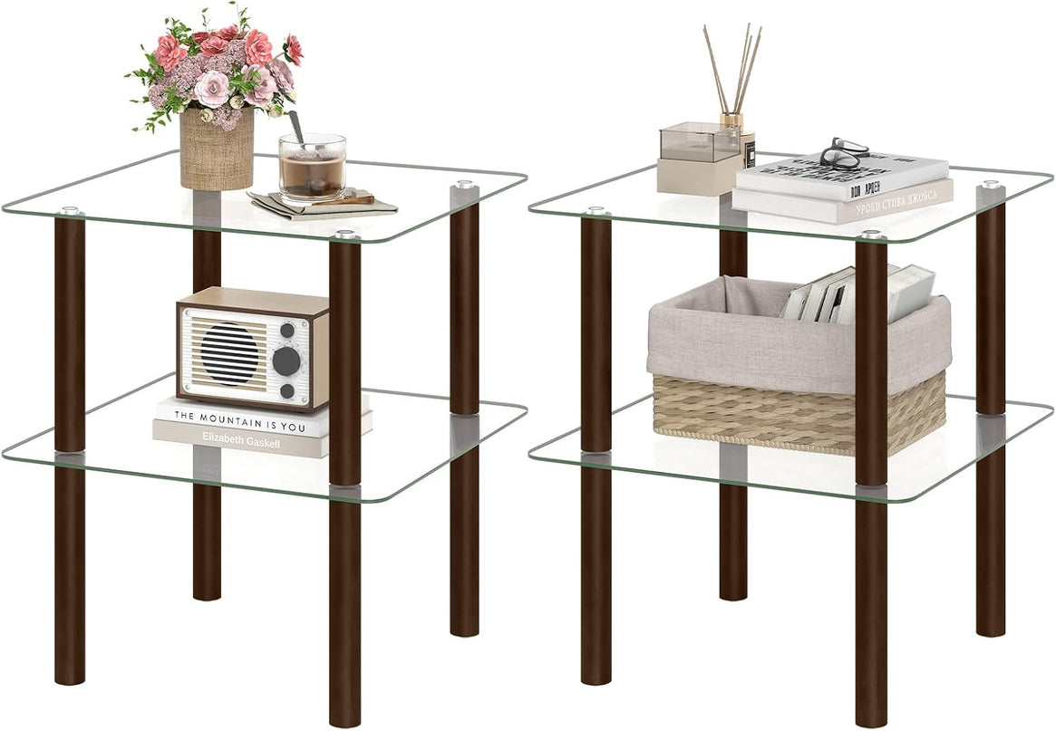 Giantex Square End Table, 2-Tier Sofa Side Table with Clear Tempered Glass Top & Shelf