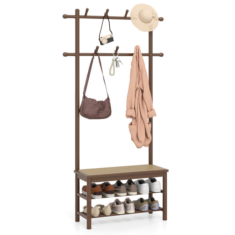 Giantex PE Rattan Hall Tree with Bench & Shoe Storage for Entryway Living Room