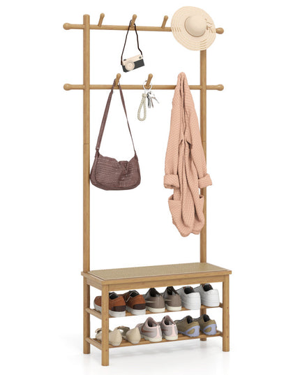 Giantex Portemanteau en rotin PE avec banc et rangement à chaussures pour entrée ou salon