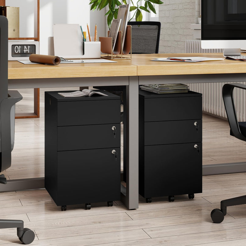 Giantex 3-Drawer Wooden File Cabinet with Wheels Lock and 4 Keys