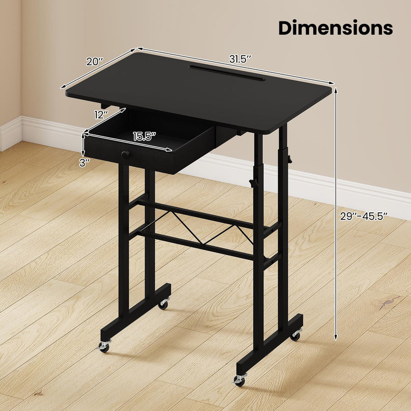 Giantex 31.5" Height Adjustable Mobile Small Standing Desk with Drawer & Wheels