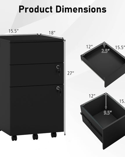 Giantex Meuble Classeur à 3 Tiroirs en Bois avec Roulettes, Serrure et 4 Clés
