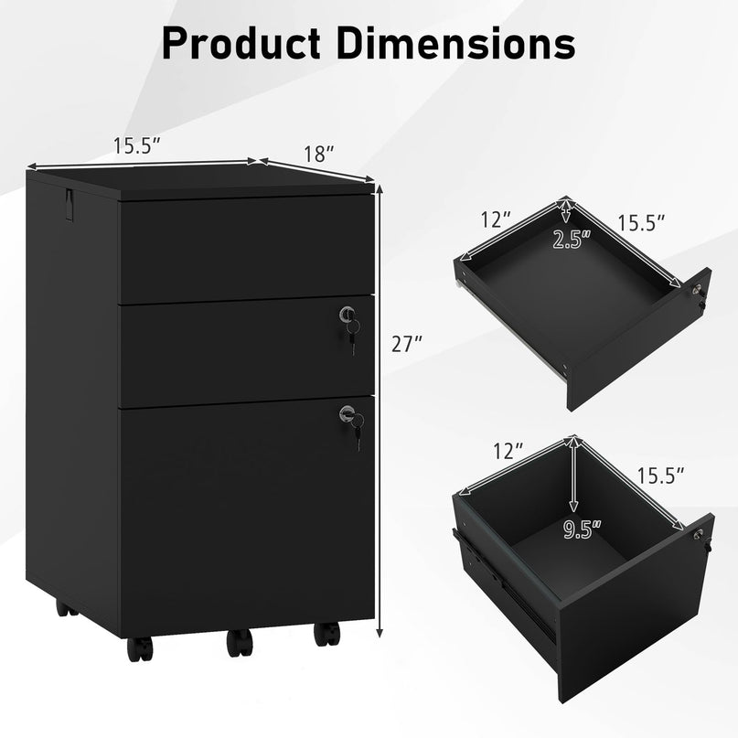 Giantex 3-Drawer Wooden File Cabinet with Wheels Lock and 4 Keys
