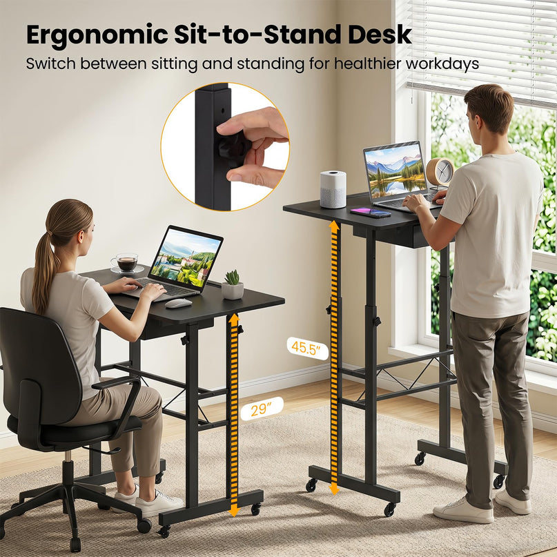 Giantex 31.5" Height Adjustable Mobile Small Standing Desk with Drawer & Wheels