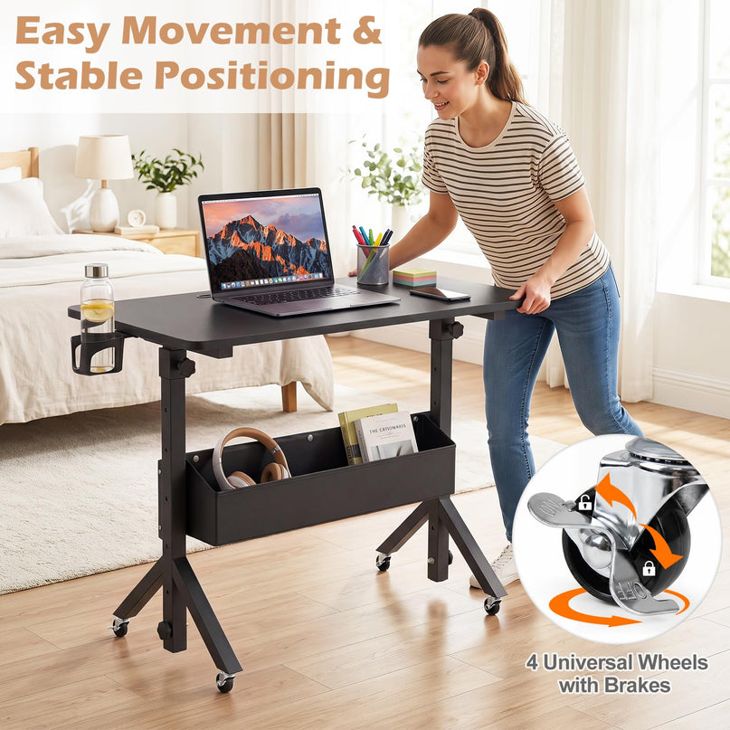 Giantex 31.5" Small Mobile Standing Desk with Storage Basket & Tablet Slot