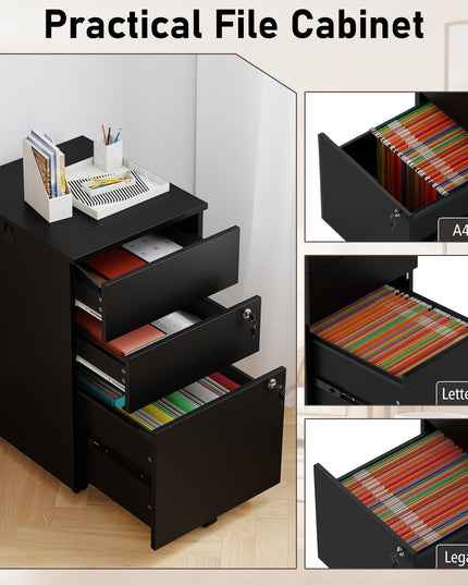 Giantex Meuble Classeur à 3 Tiroirs en Bois avec Roulettes, Serrure et 4 Clés