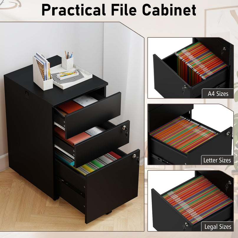 Giantex 3-Drawer Wooden File Cabinet with Wheels Lock and 4 Keys