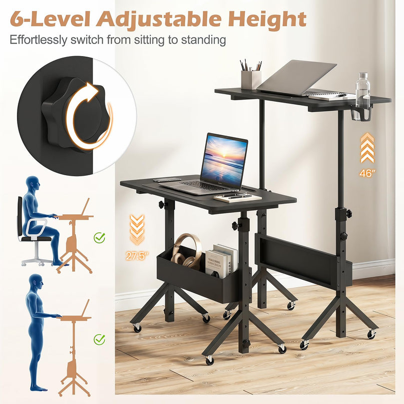 Giantex 31.5" Small Mobile Standing Desk with Storage Basket & Tablet Slot