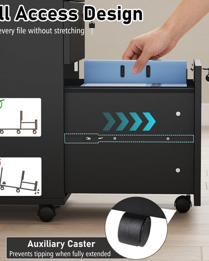 Giantex Meuble Classeur à 3 Tiroirs en Bois avec Roulettes, Serrure et 4 Clés