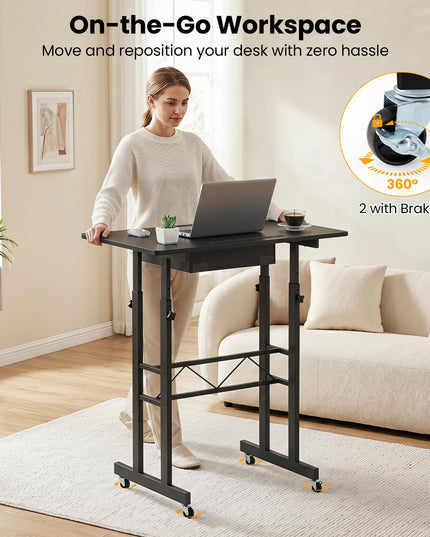 Giantex 31.5" Height Adjustable Mobile Small Standing Desk with Drawer & Wheels