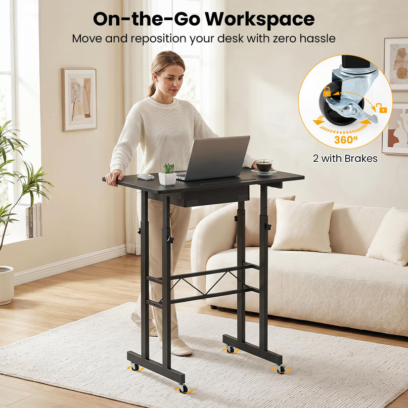 Giantex 31.5" Height Adjustable Mobile Small Standing Desk with Drawer & Wheels