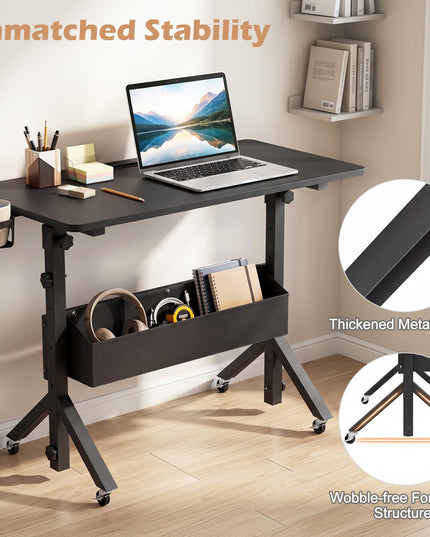 Giantex 31.5" Small Mobile Standing Desk with Storage Basket & Tablet Slot