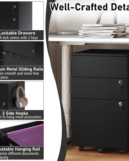 Giantex Meuble Classeur à 3 Tiroirs en Bois avec Roulettes, Serrure et 4 Clés