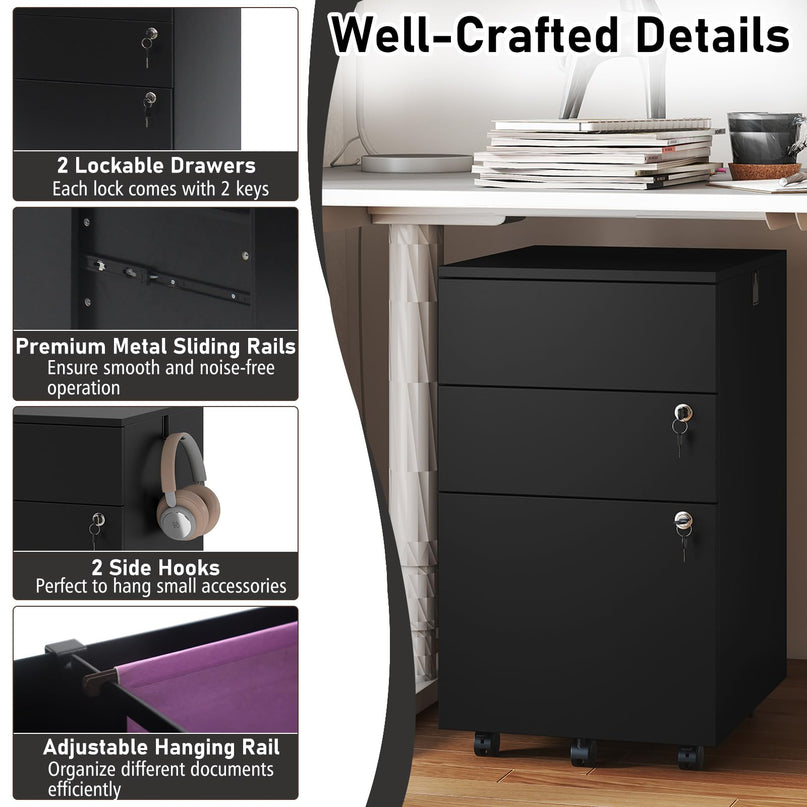 Giantex 3-Drawer Wooden File Cabinet with Wheels Lock and 4 Keys
