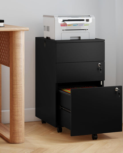 Giantex Meuble Classeur à 3 Tiroirs en Bois avec Roulettes, Serrure et 4 Clés