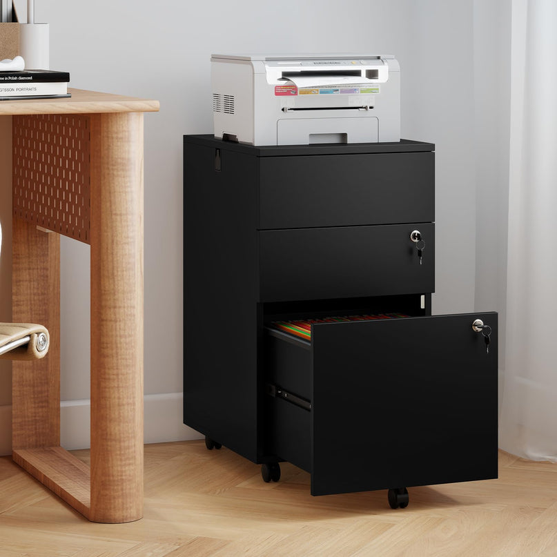 Giantex 3-Drawer Wooden File Cabinet with Wheels Lock and 4 Keys