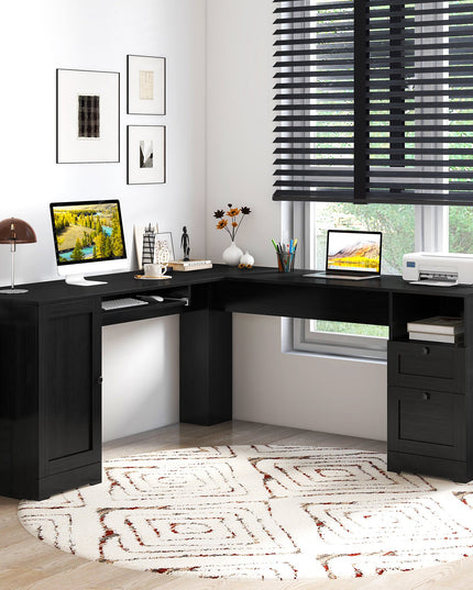 Giantex 66" L-Shaped Desk with Storage Drawers & Charging Station