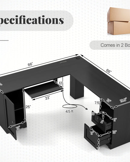 Giantex 66" L-Shaped Desk with Storage Drawers & Charging Station