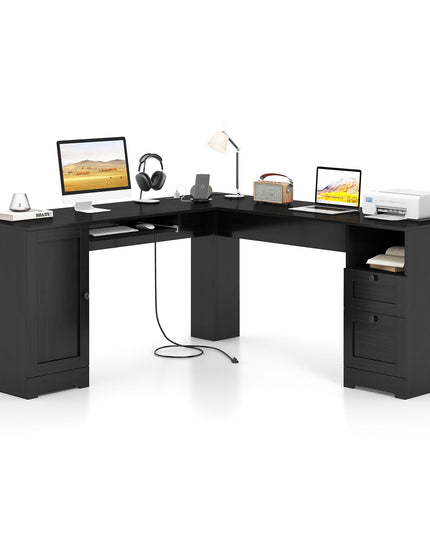 Giantex 66" L-Shaped Desk with Storage Drawers & Charging Station