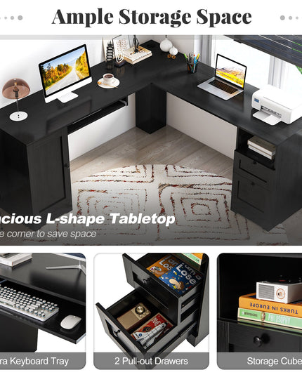 Giantex 66" L-Shaped Desk with Storage Drawers & Charging Station