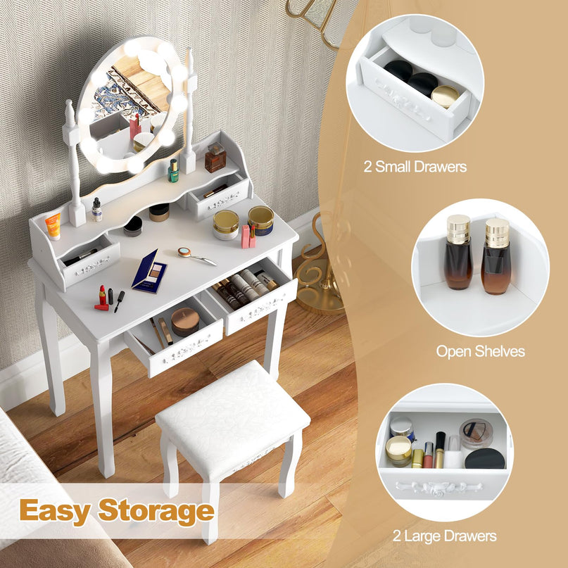 CHARMAID Girls Vanity Table with Lighted Mirror and Stool