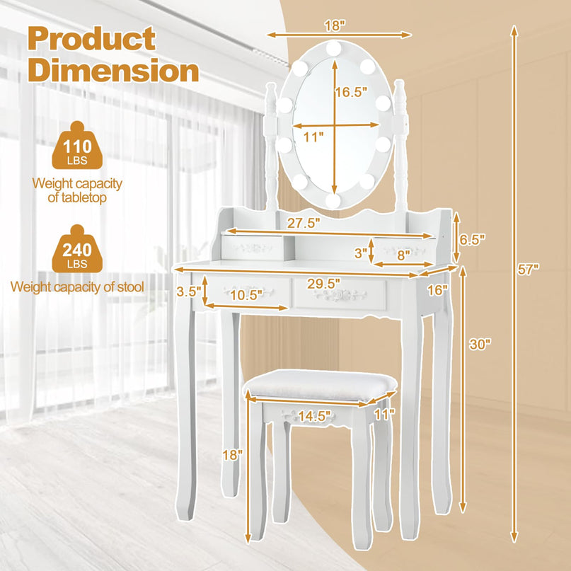 CHARMAID Girls Vanity Table with Lighted Mirror and Stool