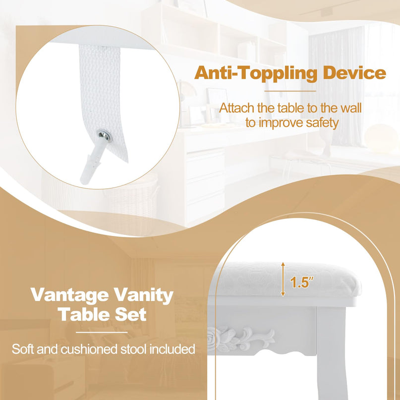 CHARMAID Girls Vanity Table with Lighted Mirror and Stool