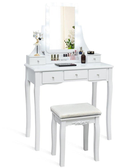 Vanity Set with Lighted Mirror, 10 Dimmable Light Bulbs Vanity Dressing Table, 5 Drawer with 2 Dividers Removable Organizer - Giantexus