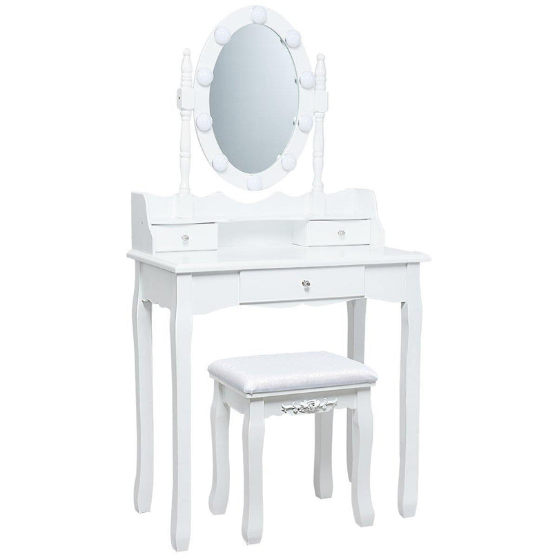 CHARMAID | Vanity Set with Lighted Oval Mirror, Makeup Dressing Table with 10 LED Dimmable Bulbs and 3 Drawers - Giantexus