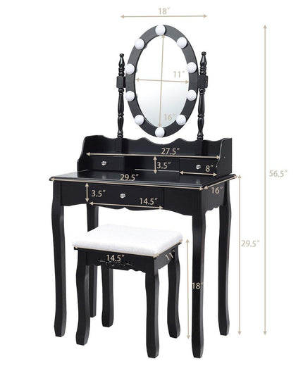 CHARMAID | Vanity Set with Lighted Oval Mirror, Makeup Dressing Table with 10 LED Dimmable Bulbs and 3 Drawers - Giantexus