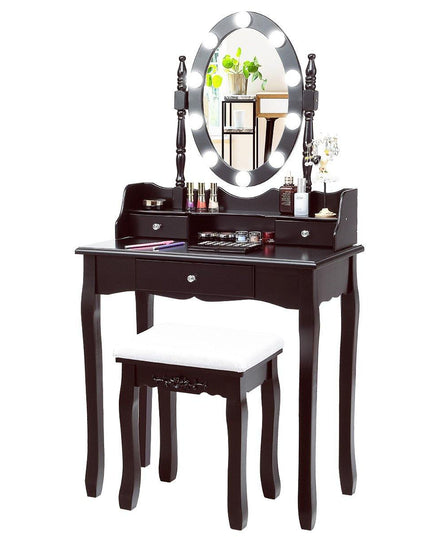 CHARMAID | Vanity Set with Lighted Oval Mirror, Makeup Dressing Table with 10 LED Dimmable Bulbs and 3 Drawers - Giantexus
