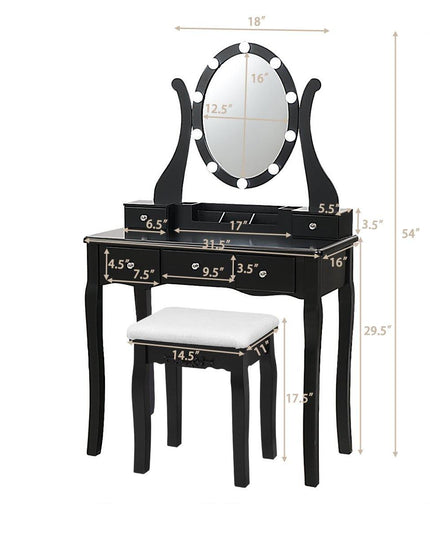 CHARMAID | Vanity Table Set with Lighted Mirror, Makeup Dressing Table with 10 LED Lights, Touch Switch, 5 Drawers - Giantexus