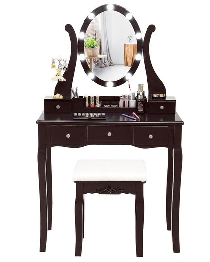 CHARMAID | Vanity Table Set with Lighted Mirror, Makeup Dressing Table with 10 LED Lights, Touch Switch, 5 Drawers - Giantexus