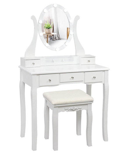 CHARMAID | Vanity Table Set with Lighted Mirror, Makeup Dressing Table with 10 LED Lights, Touch Switch, 5 Drawers - Giantexus