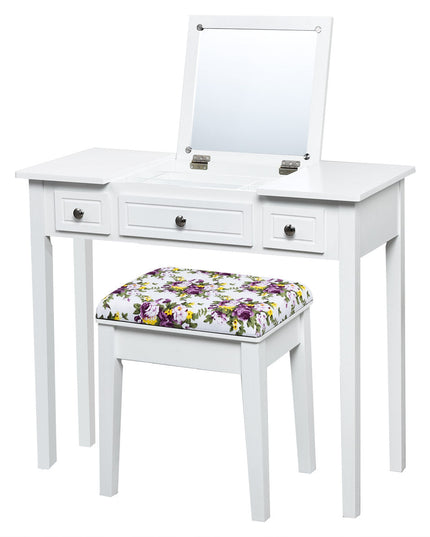 CHARMAID Vanity Set with Flip Top Mirror and 3 Drawers &7 Compartments, White - Giantexus