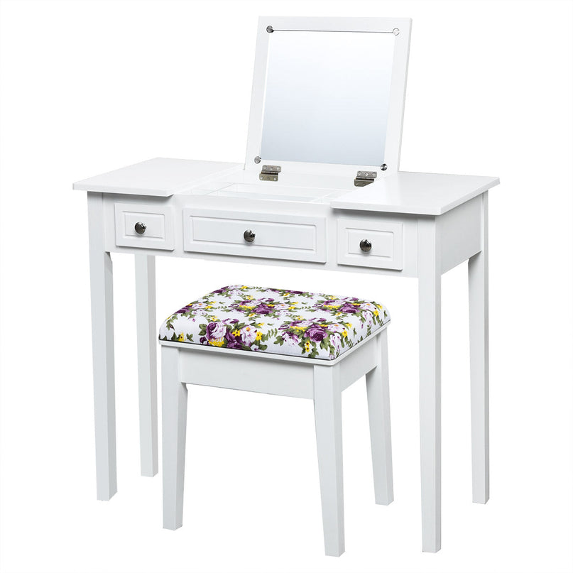 CHARMAID Vanity Set with Flip Top Mirror and 3 Drawers &7 Compartments, White - Giantexus