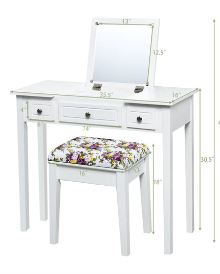 CHARMAID Vanity Set with Flip Top Mirror and 3 Drawers &7 Compartments, White - Giantexus