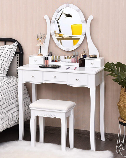 CHARMAID | Vanity Table Set with Lighted Mirror, Makeup Dressing Table with 10 LED Lights, Touch Switch, 5 Drawers - Giantexus
