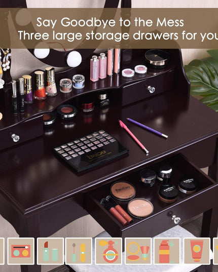 CHARMAID | Vanity Set with Lighted Oval Mirror, Makeup Dressing Table with 10 LED Dimmable Bulbs and 3 Drawers - Giantexus