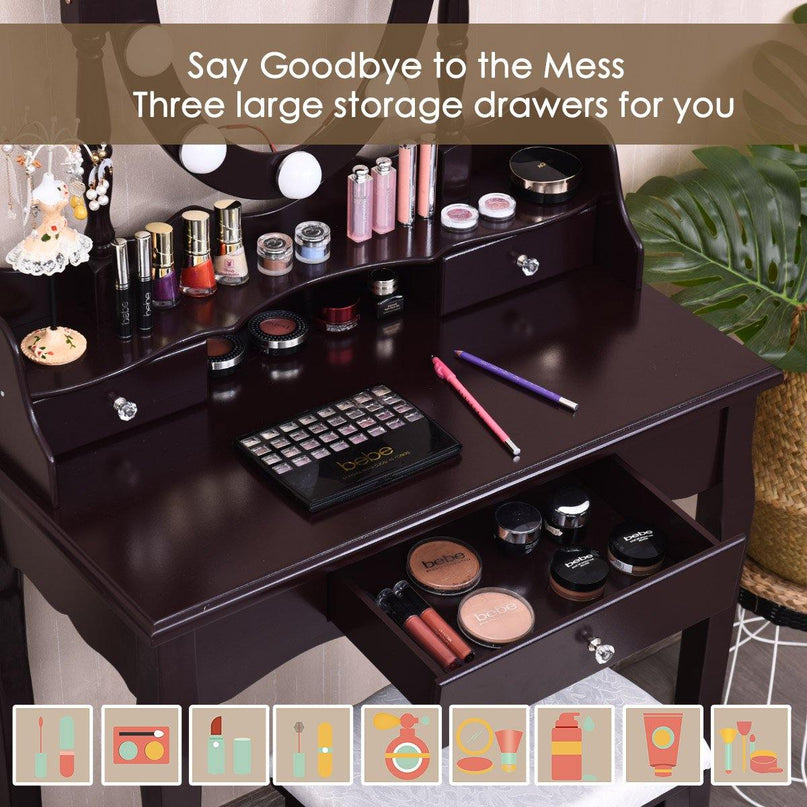 CHARMAID | Vanity Set with Lighted Oval Mirror, Makeup Dressing Table with 10 LED Dimmable Bulbs and 3 Drawers - Giantexus