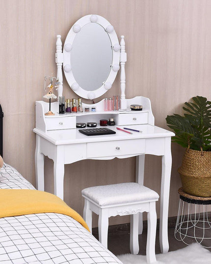 CHARMAID | Vanity Set with Lighted Oval Mirror, Makeup Dressing Table with 10 LED Dimmable Bulbs and 3 Drawers - Giantexus