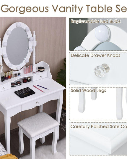 CHARMAID | Vanity Set with Lighted Oval Mirror, Makeup Dressing Table with 10 LED Dimmable Bulbs and 3 Drawers - Giantexus
