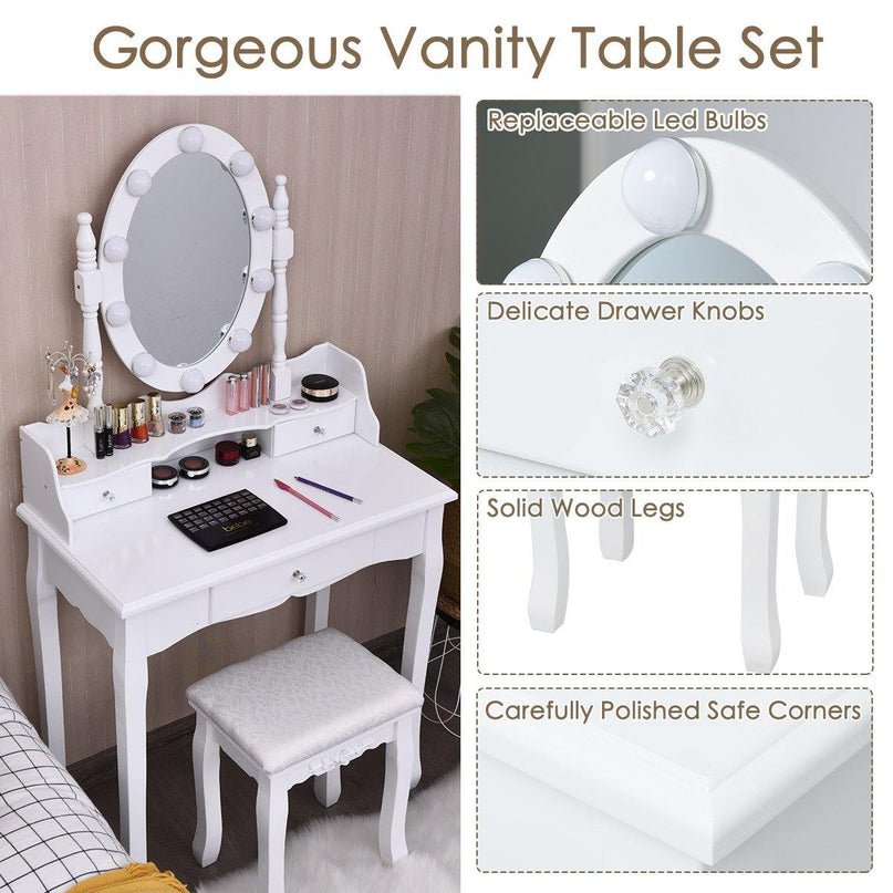 CHARMAID | Vanity Set with Lighted Oval Mirror, Makeup Dressing Table with 10 LED Dimmable Bulbs and 3 Drawers - Giantexus